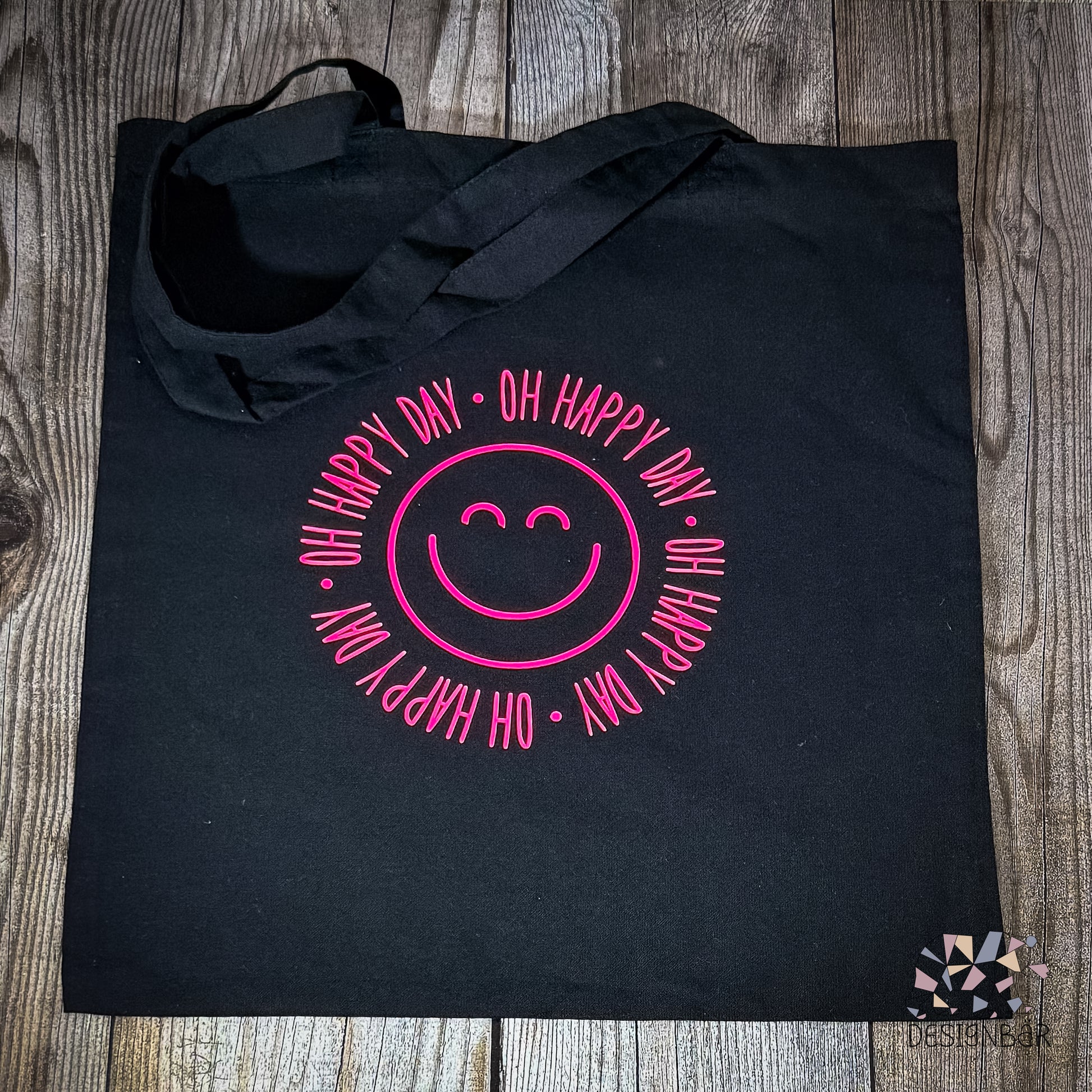 Schwarzer Jutebeutel mit pinkem Aufdruck „Oh Happy Day" von Designbär