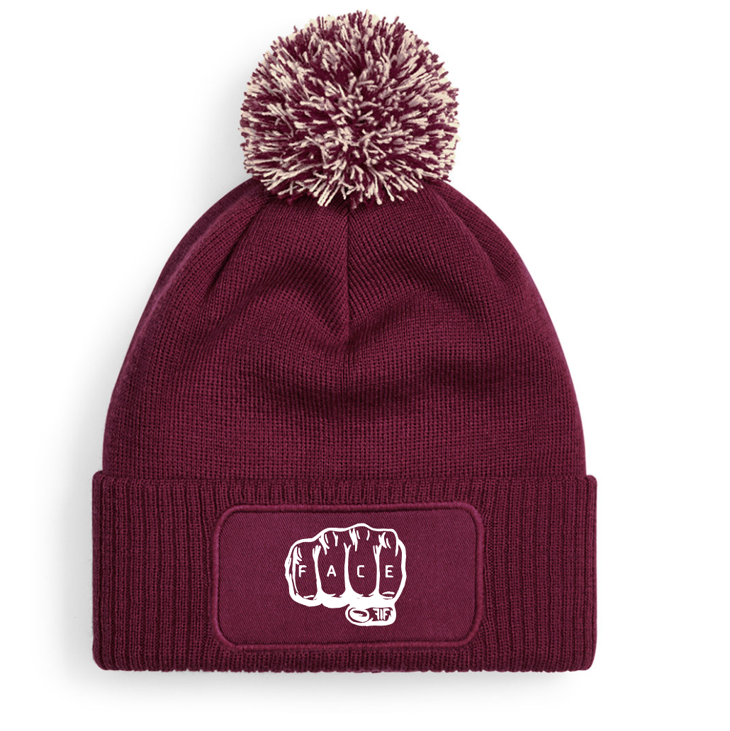 FIF Fist in Face Pom Beanie Burgundy Fist design white print
