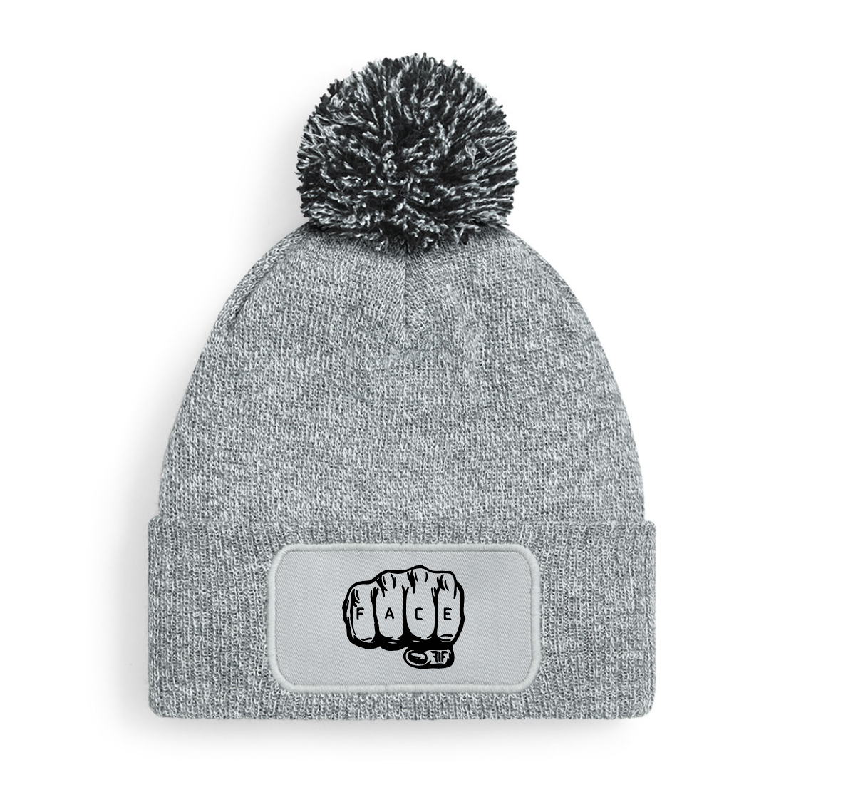 FIF Fist in Face Pom Beanie Grey Fist design black print