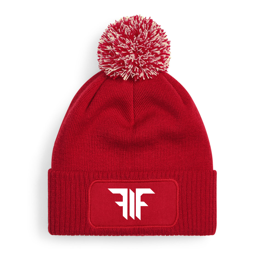 FIF Fist in Face Pom Beanie Red FIF design white print