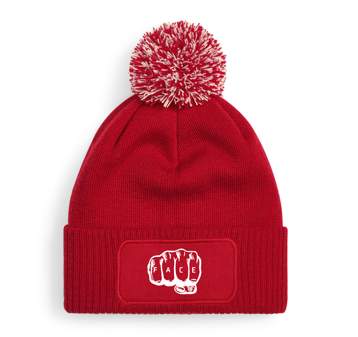 FIF Fist in Face Pom Beanie Red Fist design white print