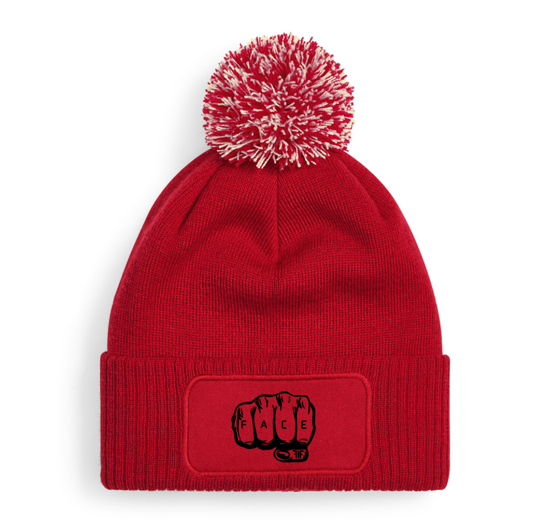 FIF Fist in Face Pom Beanie Red Fist design black print