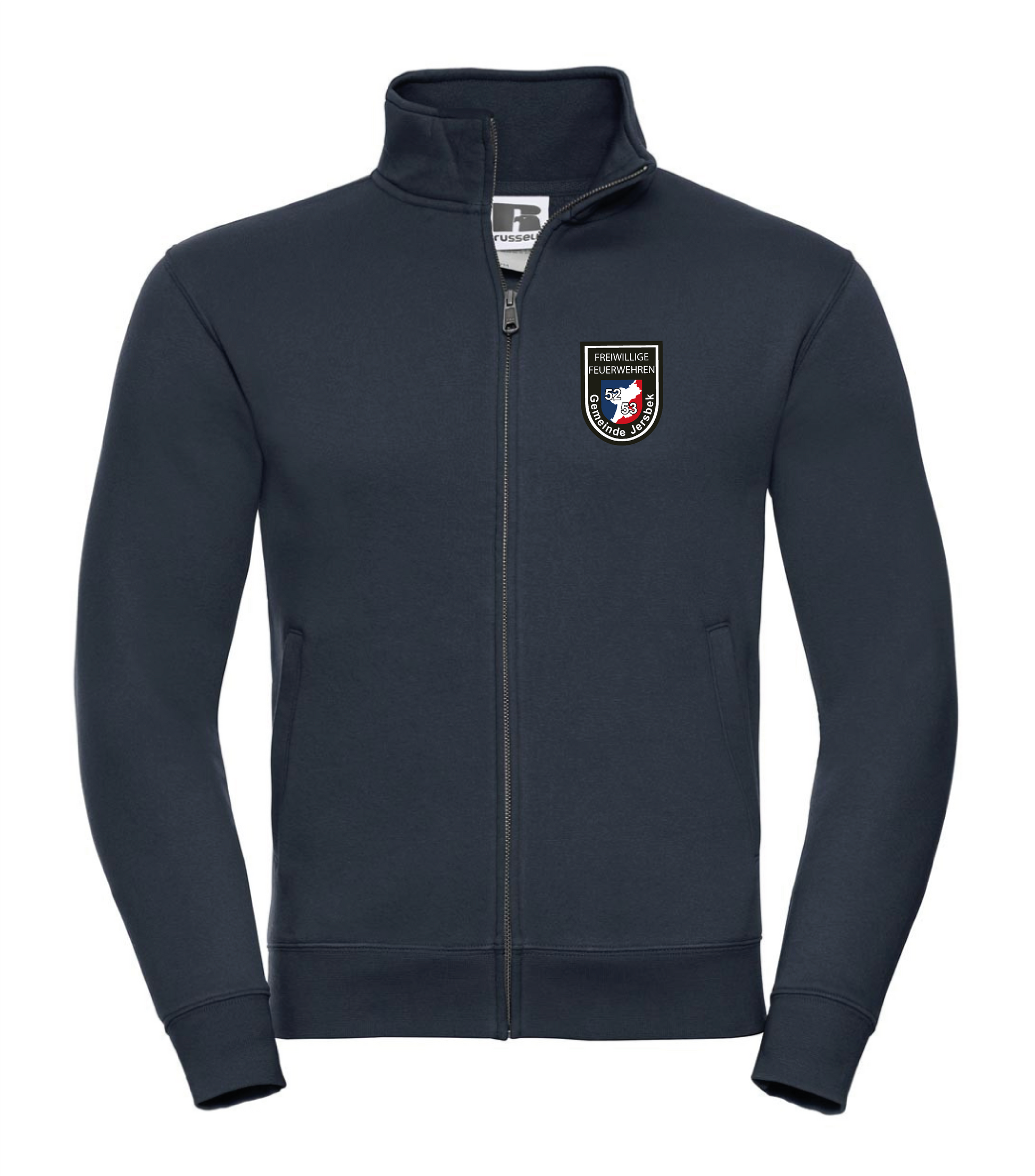 FF53 Sweatshirtjacke ohne Kapuze Navy mit weißem Feuerwehr-Logo